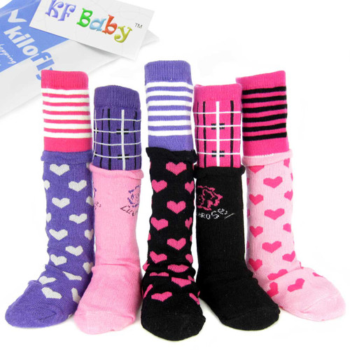 KF Baby Girl Non-Skid Stitched Ribbon Calf Socks [Set of 5 Pairs], 6 - 18 Months