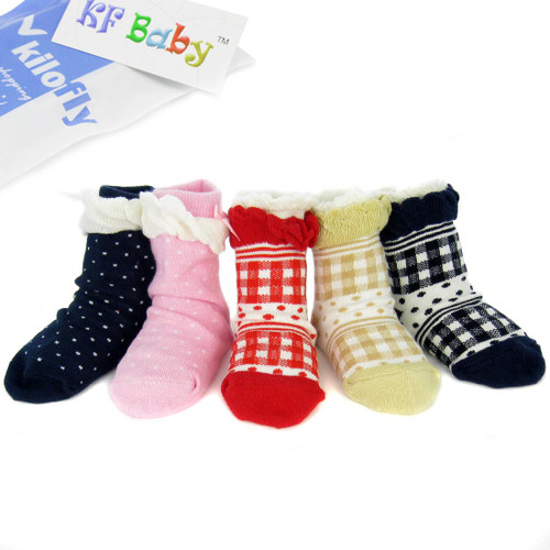 KF Baby Girl Non-Skid Lace Ruffle Socks Value Pack [Set of 5 pairs], 6 - 12 Months