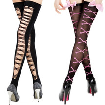 kilofly Black Thigh Highs Combo [Set of 2 Pairs] - Cross Net Back & Bowknots