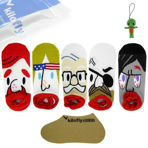 kilofly Thick Lips Pirate Low Cut Cotton Socks Set of 5 Pairs, with Voodoo Doll