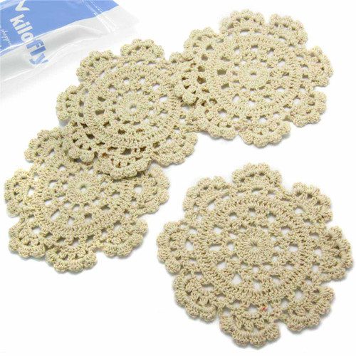 kilofly Small Handmade Crochet Round Cotton Lace Table Placemats Doilies for Cup/Glass Value Pack [Set of 4], Medallion, Beige