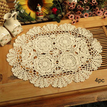 kilofly Crochet Cotton Lace Placemats Doilies 4pc, Oval, Beige, 12 x 17 inch