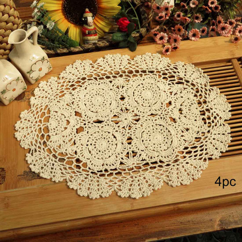 kilofly Crochet Cotton Lace Placemats Doilies 4pc, Oval, Beige, 12 x 17 inch