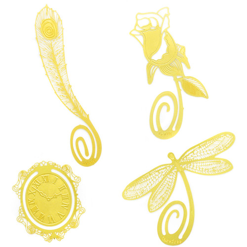 kilofly Ultra Thin Metal Bookmark Value Pack [Set of 4] - Dragonfly, Feather, Rose, Clock