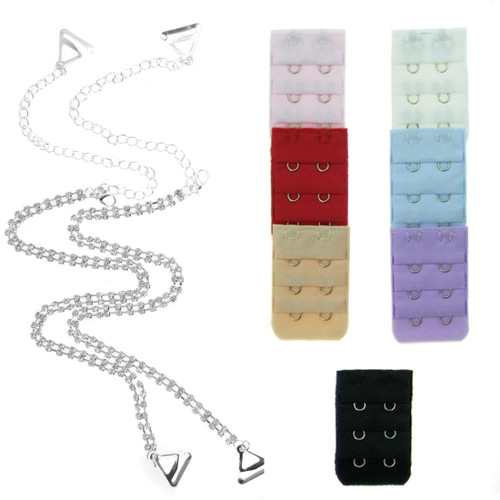 kilofly Double Rhinestone Bra Straps [Set of 1 Pair + 7 Bra Back Extender]