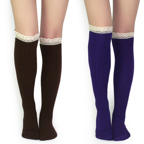 kilofly Women's Soft Lace Trim Knee-High Socks, Value Set of 2 Pairs