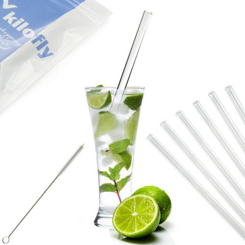 kilofly Glass Drinking Straws 9 in x 10 mm [Pack of 6 + 1 Brush]