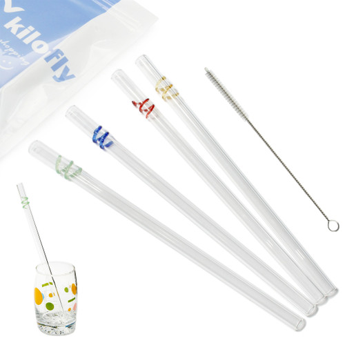 kilofly Glass Drinking Straws 9 in x 10 mm [Set 4 + Brush]