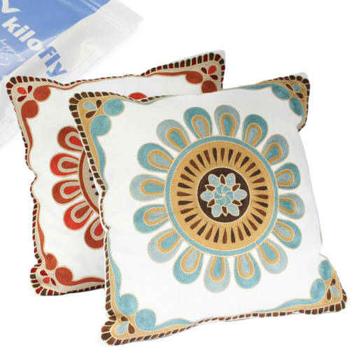 kilofly Decorative Floral Embroidery Throw Pillow Case Cover 18" x 18", Set of 2