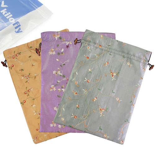 kilofly Embroidered Silk Jacquard Travel Bag, Lingerie & Shoes, Value Set of 3