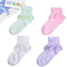 KF Baby Girl Lace Ruffle Bow Dressy Socks, Set of 4 pairs, Infants to Toddlers