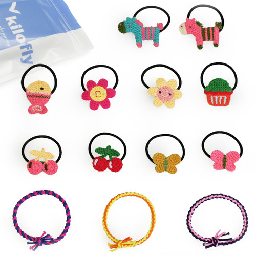 kilofly 10 Crocheted Elastic Band + 3 Hair Ties Ponytail Holders Value Pack