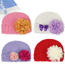 KF Baby Super Soft Crochet Beanie Hat with Assorted Flower Clip, 4 Hats + 6 Flower Clips