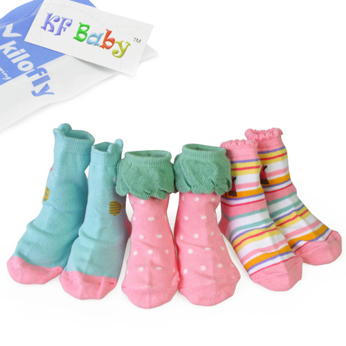 KF Baby Toddler Girls Non-Skid Soft Cotton Socks Value Pack, 3 pairs, 12 - 24 Months