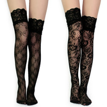 kilofly Black Fishnet Patterned Stockings Stay Up Lace Top Value Pack, Set of 2