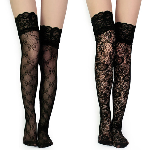 kilofly Black Fishnet Patterned Stockings Stay Up Lace Top Value Pack, Set of 2