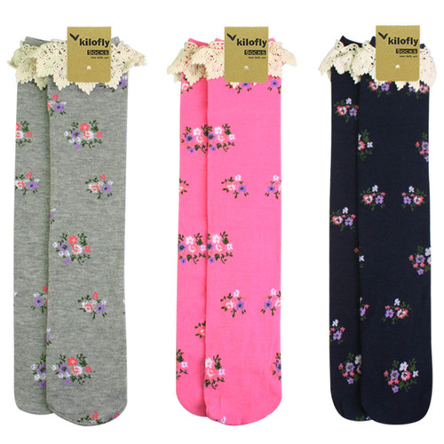 kilofly Girls' Soft Lace Trim Knee-High Tube Socks Value Pack, Set of 3 Pairs