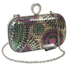 Missy K Rhinestone Ring Hard Case Sequin Evening Party Clutch Purse + Money Clip