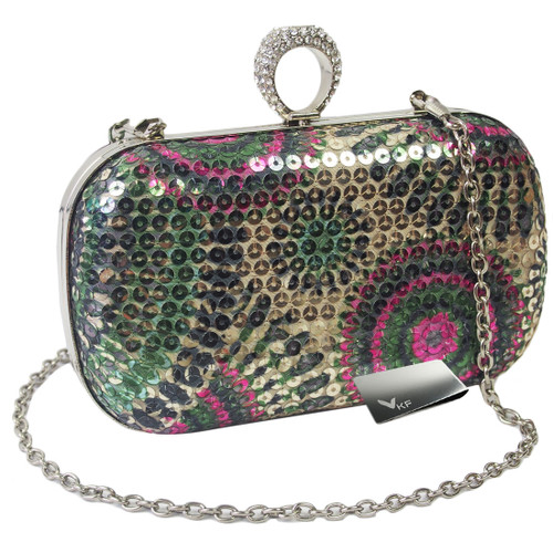 Missy K Rhinestone Ring Hard Case Sequin Evening Party Clutch Purse + Money Clip