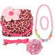 kilofly Little Girl Plush Handbag + Big Rose Hair Clip + Necklace + Bracelet Set