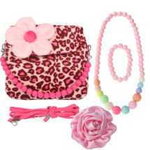 kilofly Little Girl Plush Handbag + Big Rose Hair Clip + Necklace + Bracelet Set