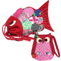 kilofly Colorful Fish Drawstring Crossbody Bag + Owl Coin Purse Pouch Set, Small