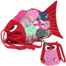 kilofly Colorful Fish Drawstring Crossbody Bag + Owl Coin Purse Pouch Set, Large