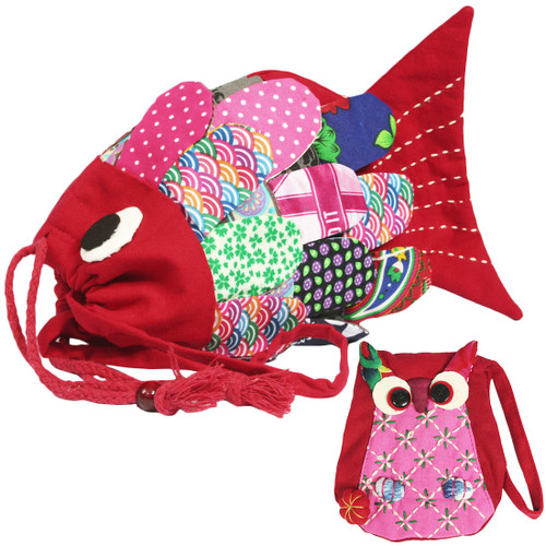 kilofly Colorful Fish Drawstring Crossbody Bag + Owl Coin Purse Pouch Set, Large