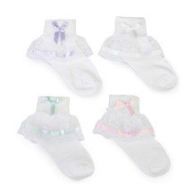 KF Baby Girl Lace Ruffle Bow Dressy Socks, Value Set of 4 pairs, Infants to Toddlers