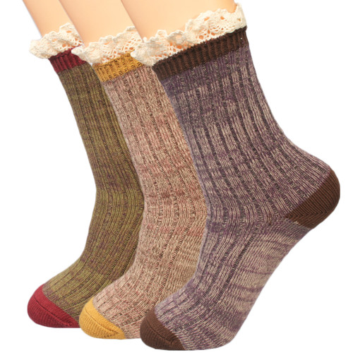 kilofly Women's Lace Trim Slouch Crew Socks Value Pack, Set of 3 Pairs