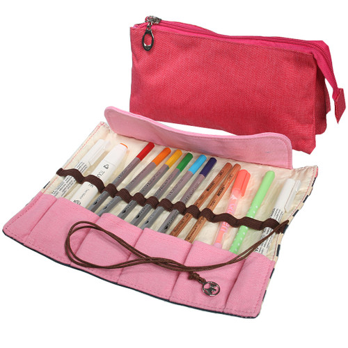 kilofly Canvas Multi Compartments Pencil Bag + Roll Up Pen Organizer Case
