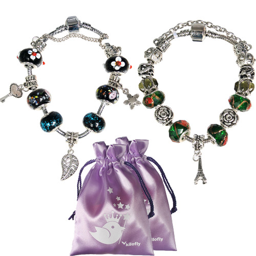 kilofly Women's Carved Glass Beads Silver Plated Charm Bracelet, Set of 2