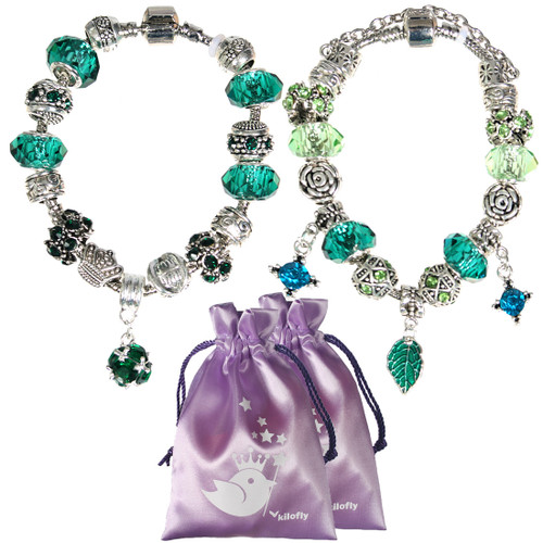 kilofly Women's Carved Glass Beads Silver Plated Charm Bracelet, Set of 2