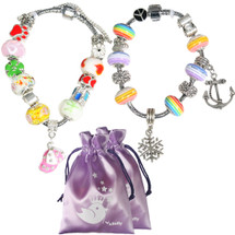 kilofly Women's Carved Glass Beads Silver Plated Charm Bracelet, Set of 2
