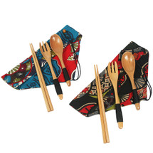 kilofly Wooden Japanese Fork Spoon Chopsticks 3 pcs Cutlery Set, Value Pack of 2