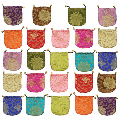 kilofly Chinese Silk Brocade Drawstring Jewelry Pouch Bag Value Set, 24 pcs