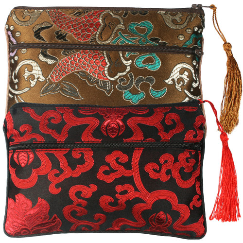 kilofly Chinese Silk Brocade 2 Zipper Pockets Tassel Jewelry Pouch Bag, Set of 2