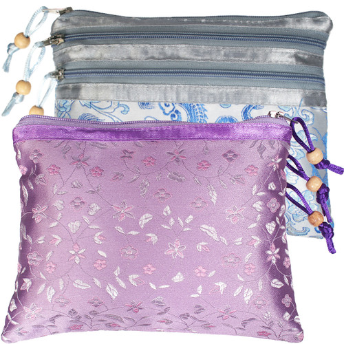 kilofly Chinese Silk Brocade 3 Zipper Pockets Jewelry Pouch Bag, Set of 2