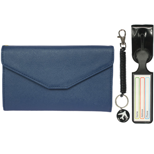 kilofly Multi Pocket Passport Wallet + Luggage Tag + Coil Keychain Travel Combo
