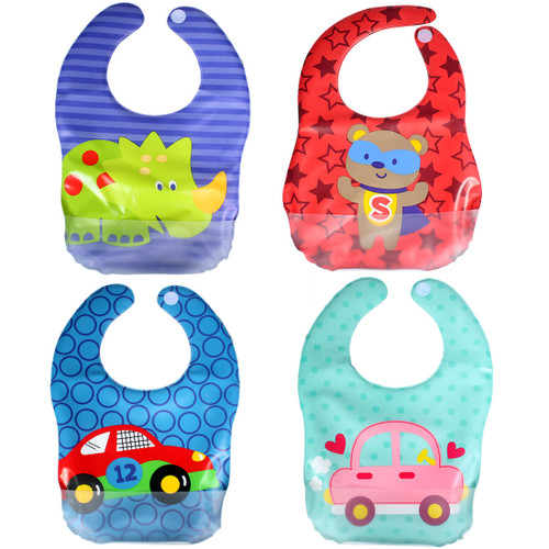 KF Baby Boy Girl Soft Waterproof Velcro Snaps Catcher Pocket Bibs Value Set of 4
