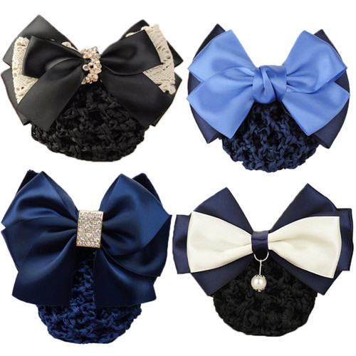 kilofly 4pc Women's Two-Way Snood Net Bow Barrette Hair Clip Bun Cover Set