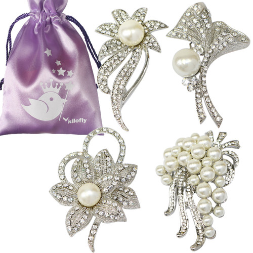 kilofly 4pc Faux Pearl Rhinestone Crystal Floral Pendant Brooch Pin + Gift Bag