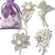 kilofly 4pc Faux Pearl Rhinestone Crystal Floral Pendant Brooch Pin + Gift Bag