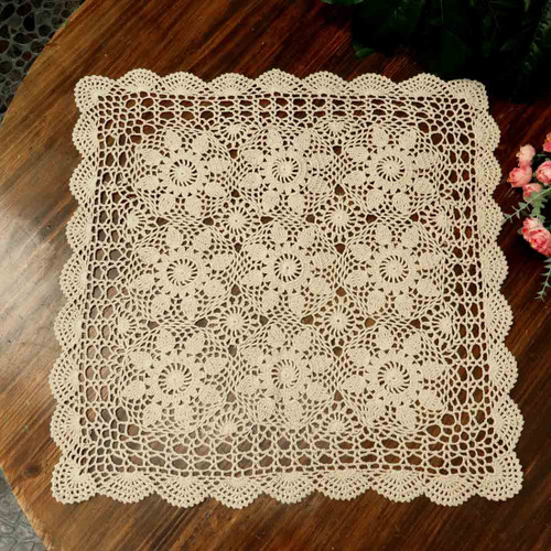 kilofly Handmade Crochet Cotton Lace Table Placemats Sofa Doilies, Square, Beige, 23 inch