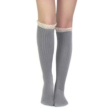 kilofly Women's Soft Lace Trim Knee-High Socks, Gray