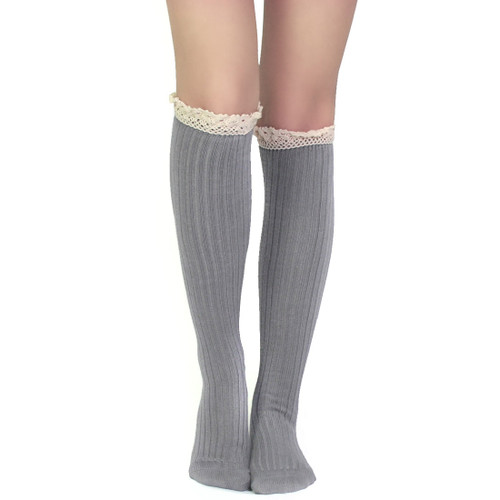 kilofly Women's Soft Lace Trim Knee-High Socks, Gray