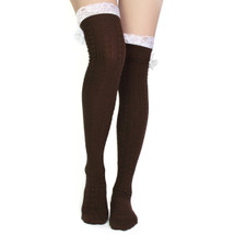 kilofly Women's Lace Trim Knee-High Boot Socks, Brown