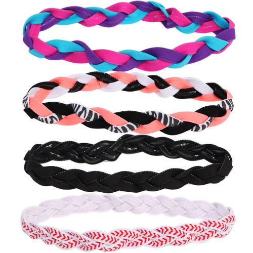 kilofly 4pc Girls Nonslip Grip Braided Headbands Teens Sports Hair Elastic Bands