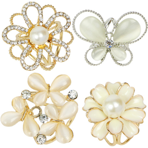kilofly 4pc Women's Elegant Faux Pearl Crystal Rhinestone Scarf Ring Buckle Clip