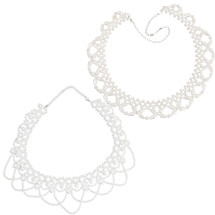 kilofly 2pc Women's White Faux Pearl Beaded False Collar Necklace Fashion Choker